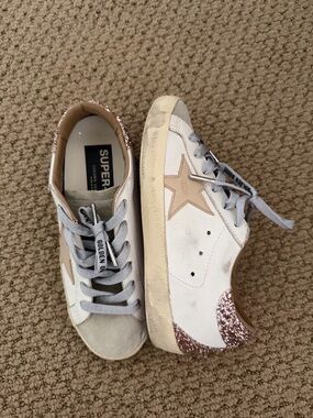 Golden Goose White Sneakers with Beige Star and Pink Glitter Heel